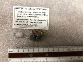 Daliranite xled orange with Orpiment, Sphalerite Quartz, Galkhaite